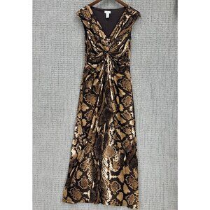 Chicos Maxi Dress Womens Size S Brown Animal Print V-Neck Cap Sleeve Lined